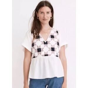 Madewell XL White Flutter Sleeve Peplum Top Patchwork Quilt